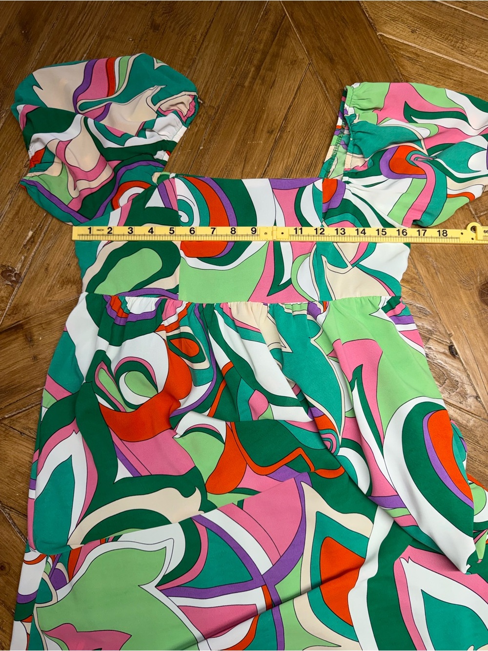 TCEC Retro Groovy Swirl Print Maxi Dress Size M Puff Sleeve Smocked Back - Picture 7 of 10